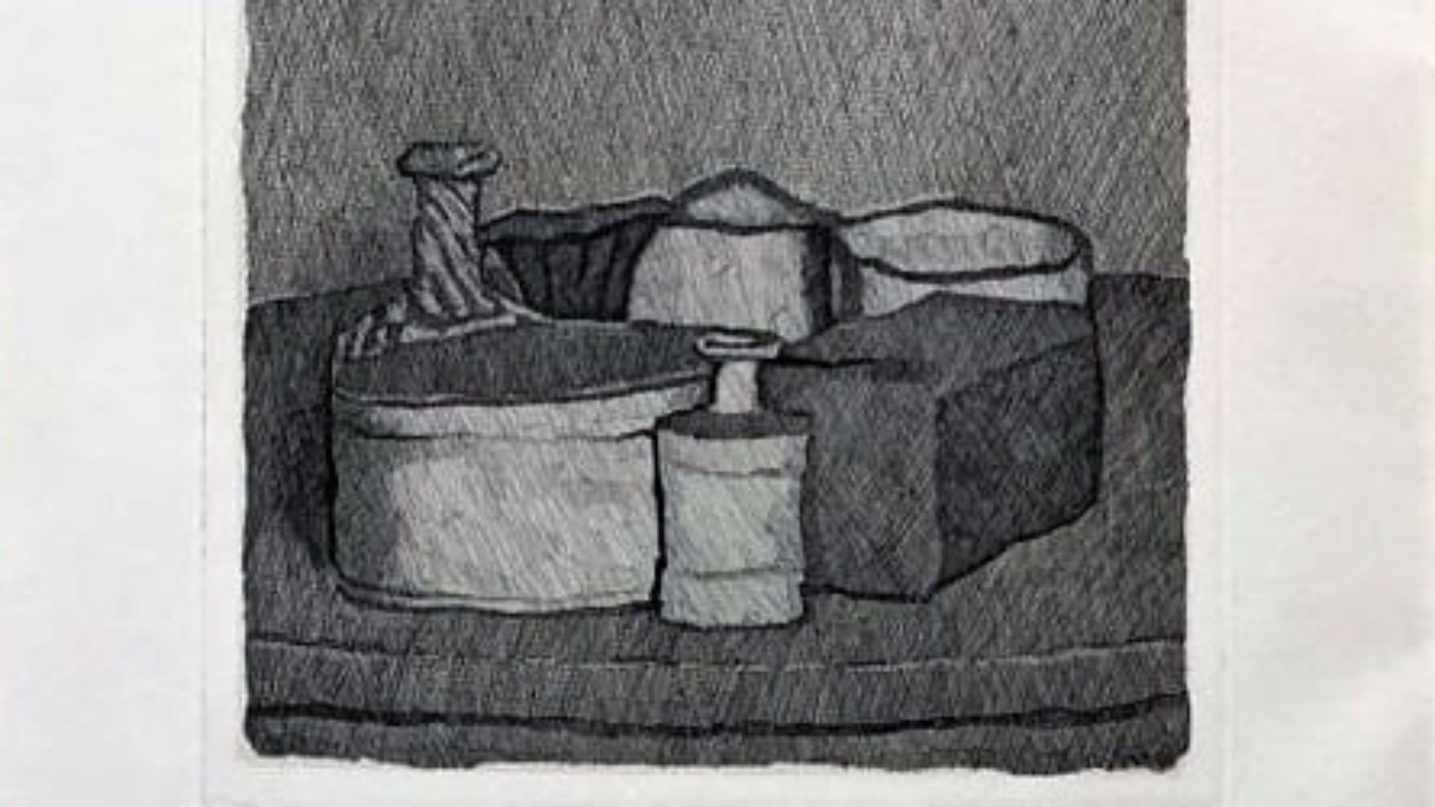 "Natura morta con 4 oggetti e tre bottiglie" - Acquaforte su carta - 39,5x28,5 cm - 1956 es 65-